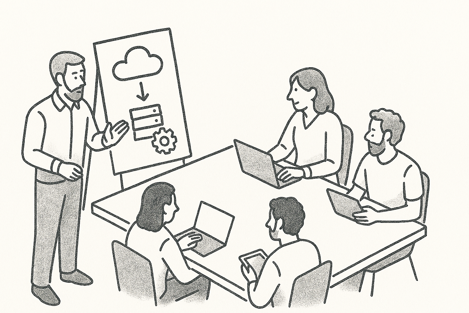 Two professionals collaborating on a laptop